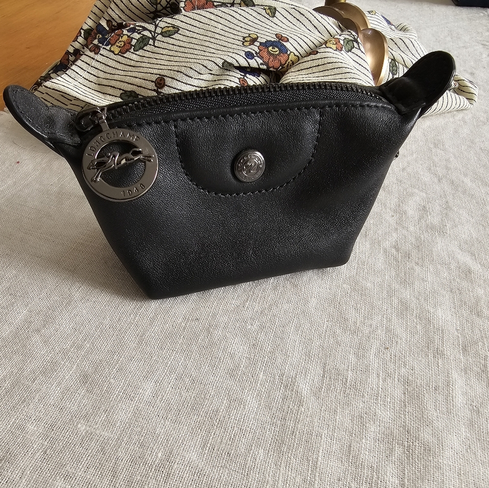 Longchamp Le Pliage Cuir Extra Coin Purse Small Pouch Black Leather